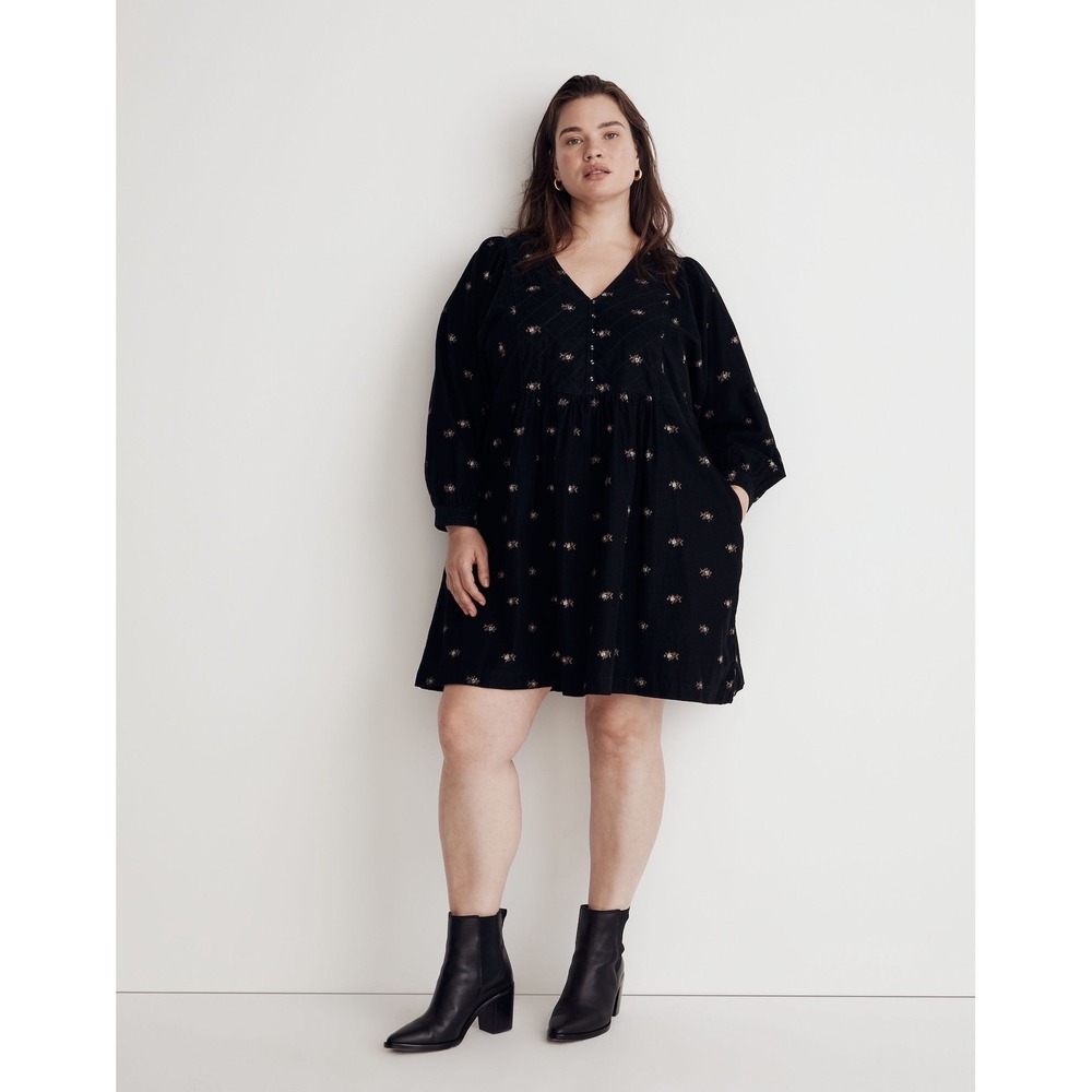 Madewell Corduroy Quilted-Bib Mini Dress Women 2X Black Blurred Ikat Cottagecore